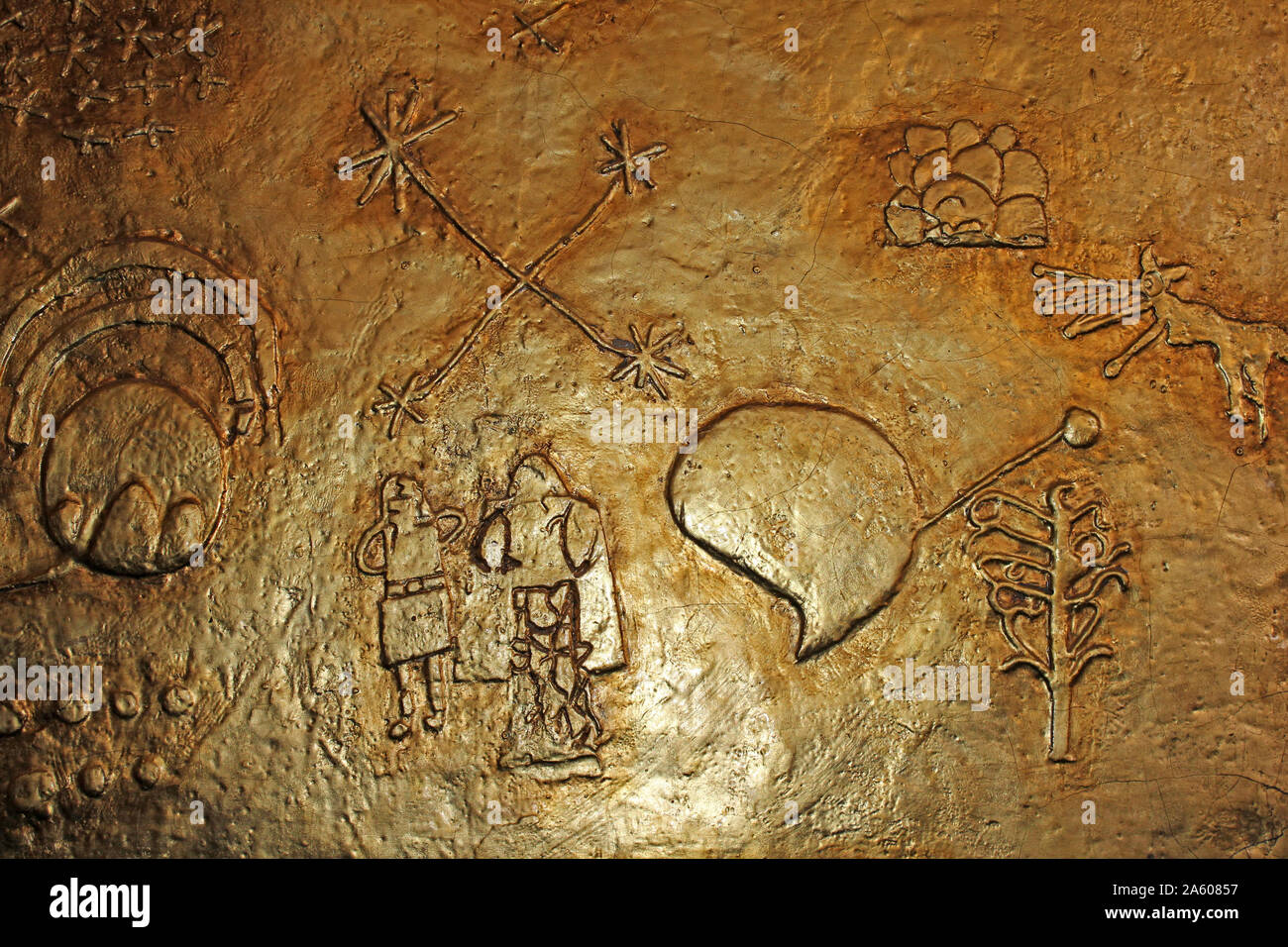 Auf einem Goldenen Plakette, die eine Karte Der Kulte der Tempel von Qoricancha während Inka Zeiten Detail Stockfoto