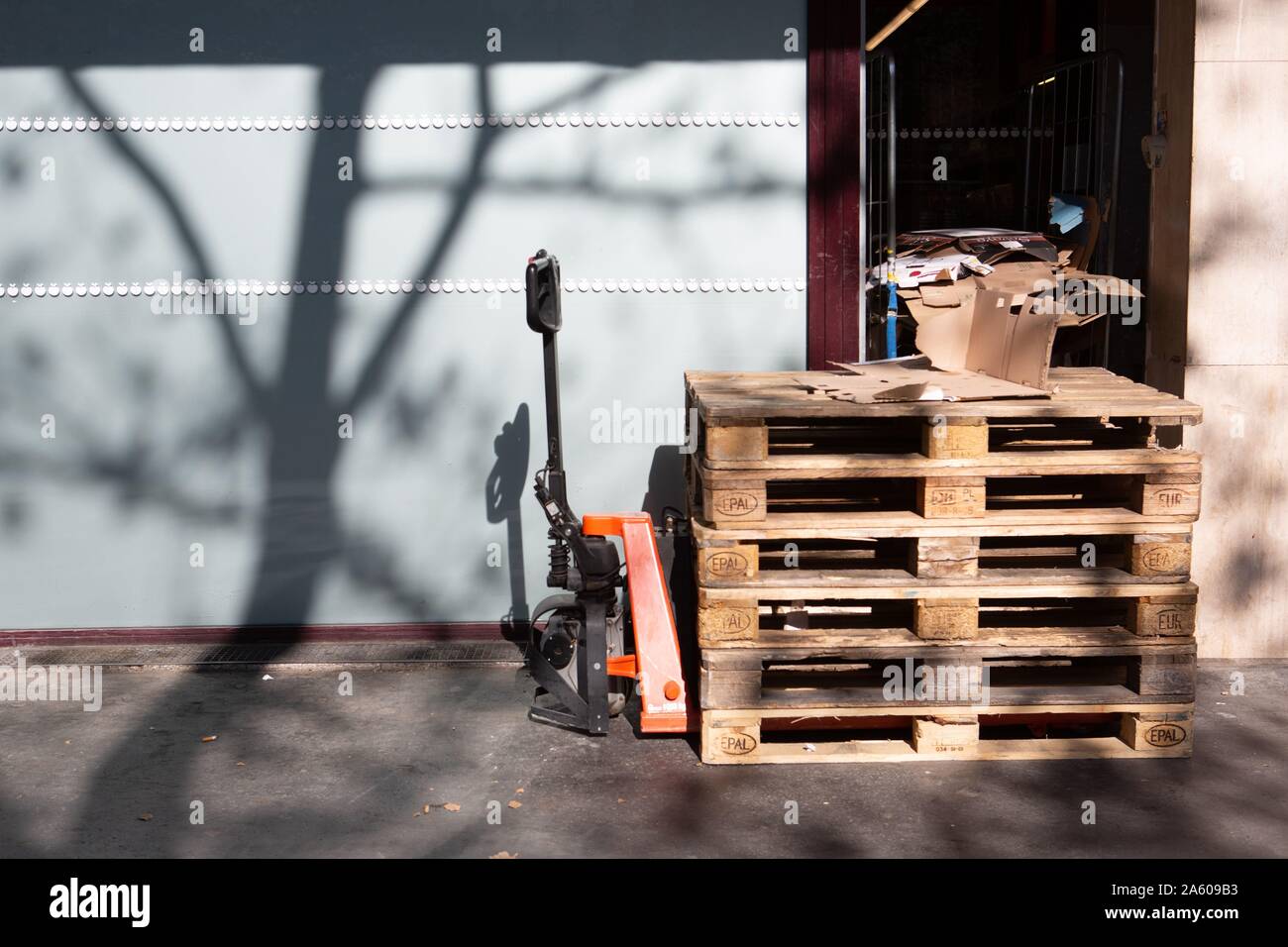 Frankreich, Paris, Avenue du Maine, Palette und leere Kartons, Folien, Schatten eines Baumes, in einem Fenster reflektiert Stockfoto