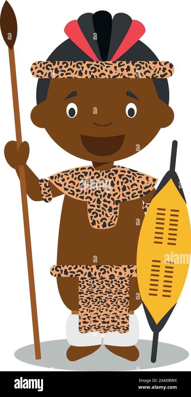 Charakter aus Südafrika. Zulu junge gekleidet in der traditionellen Weise der Zulu Stamm. Vector Illustration. Kinder der Welt Sammlung. Stock Vektor