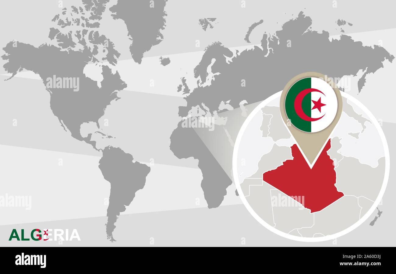 Weltkarte mit vergrößerten Algerien. Algerien Flagge und Karte. Stock Vektor