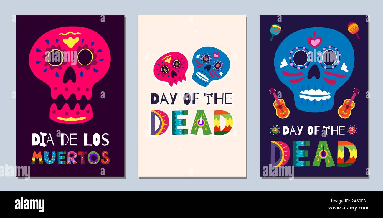 Mexikanische Tag der Toten Dia de Los Muertos Banner. National Festival Grußkarten mit Skelett handgezeichneten Schriftzug Blumen Schädel auf dunklem und hellem Hintergrund. Vektorgrafik Poster Set Stock Vektor