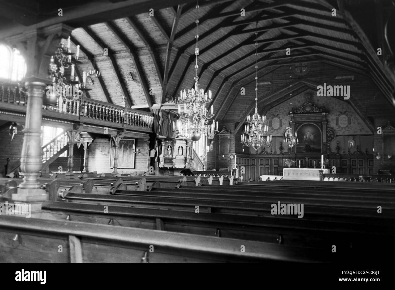 Die Kirche von innen, Ljusnarsberg Schweden 1969. Ein Blick in das Innere, Ljusnarsberg Schweden 1969. Stockfoto