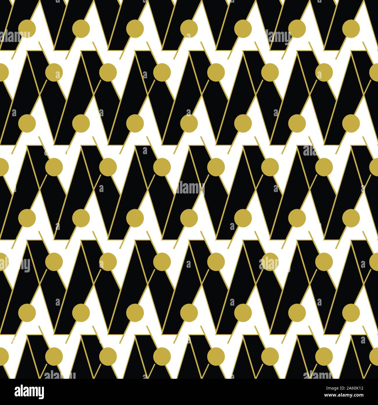 Die nahtlose Vektor Muster mit schwarzen Zig Zag und goldenen Linien und Kreise Stock Vektor