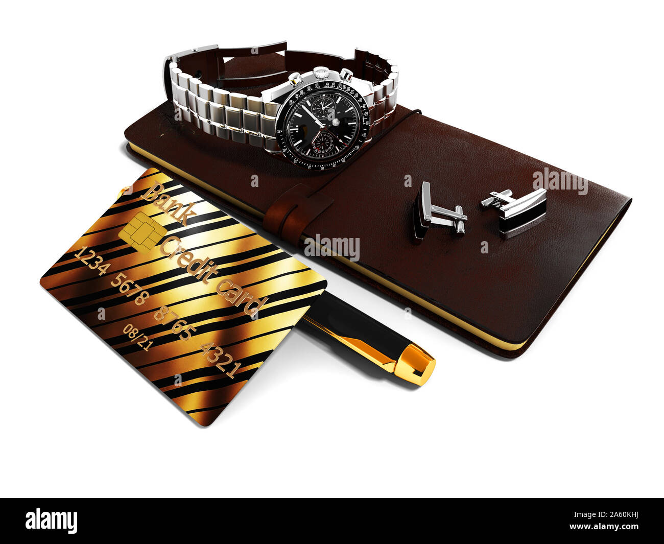 Business set notepad Manschettenknöpfe Armbanduhren Kugelschreiber Kreditkarte 3D-Render auf weißem Hintergrund mit Schatten Stockfoto