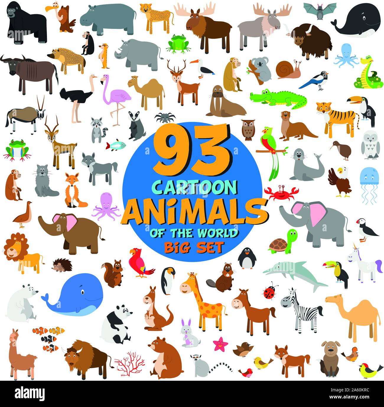 Große 93 cute Cartoon Tiere der Welt. Vector Illustration auf weißen isoliert. Icon Set. Stock Vektor