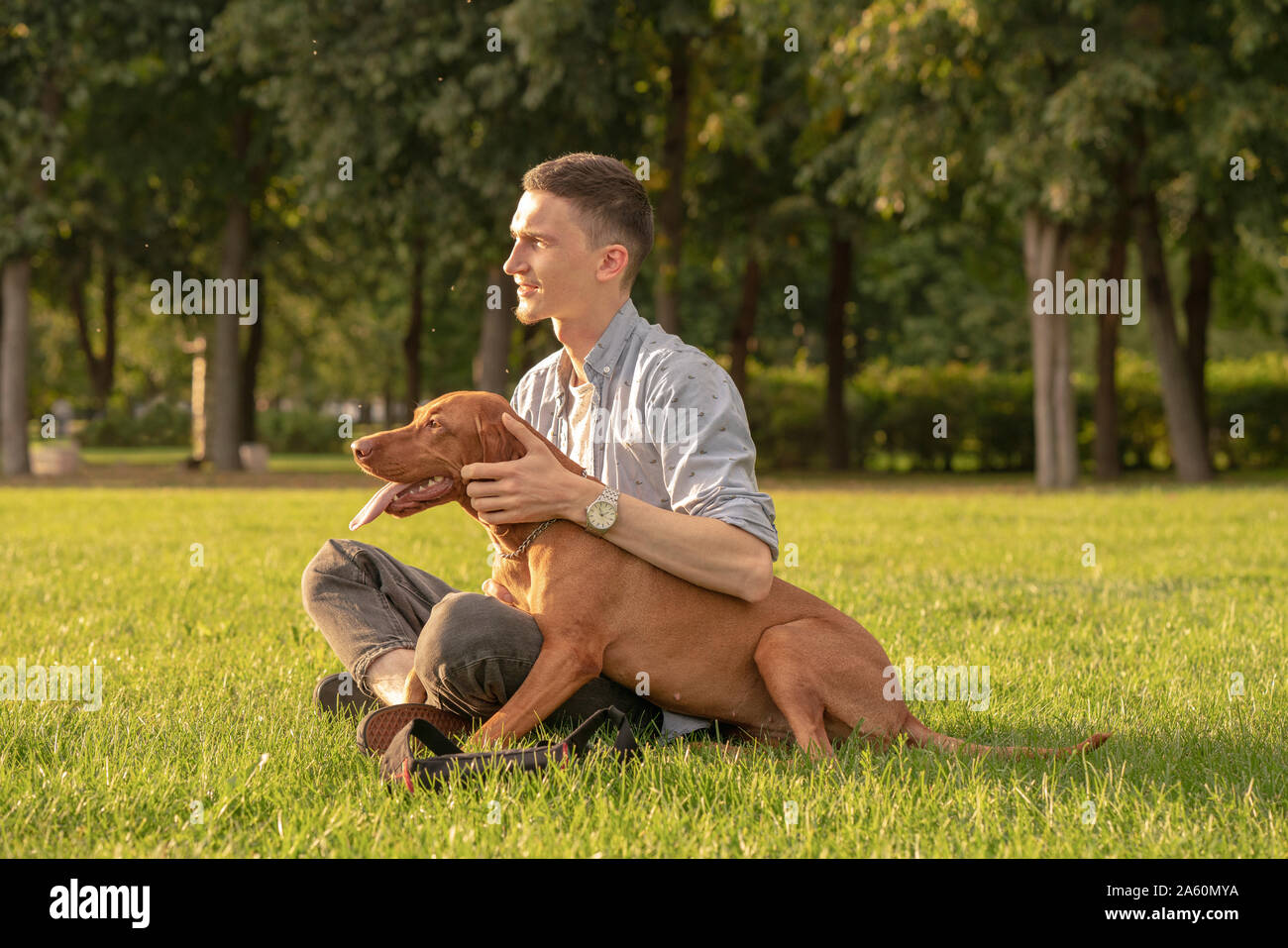 Junger Mann mit seinem Hund, kuscheln auf einer Wiese Stockfoto