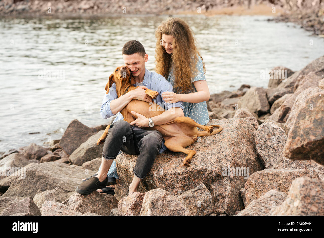 Junges Paar mit Hund am Strand Stockfoto