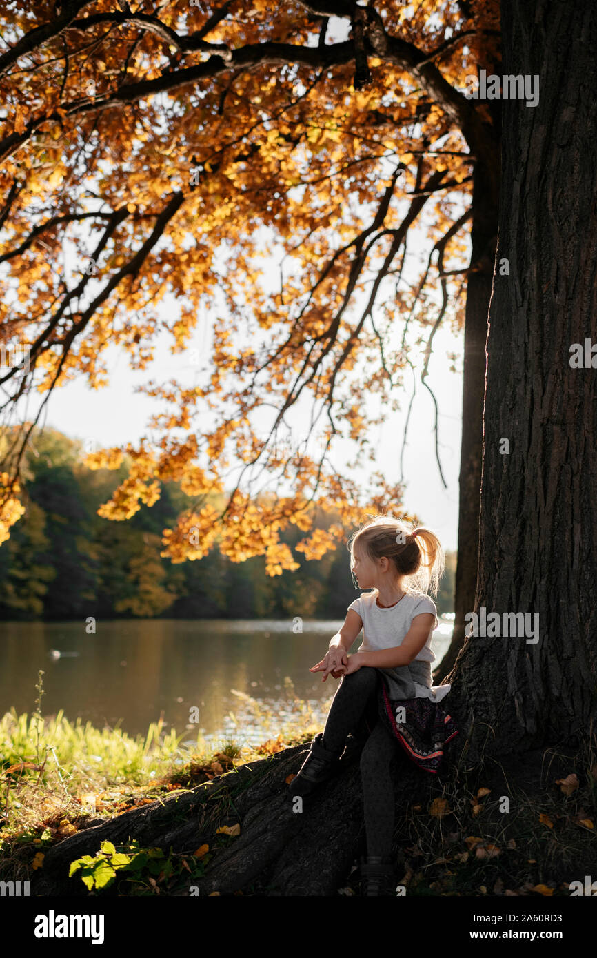 Kleines Mädchen sitzen unter Herbst Baum am Fluss Stockfoto