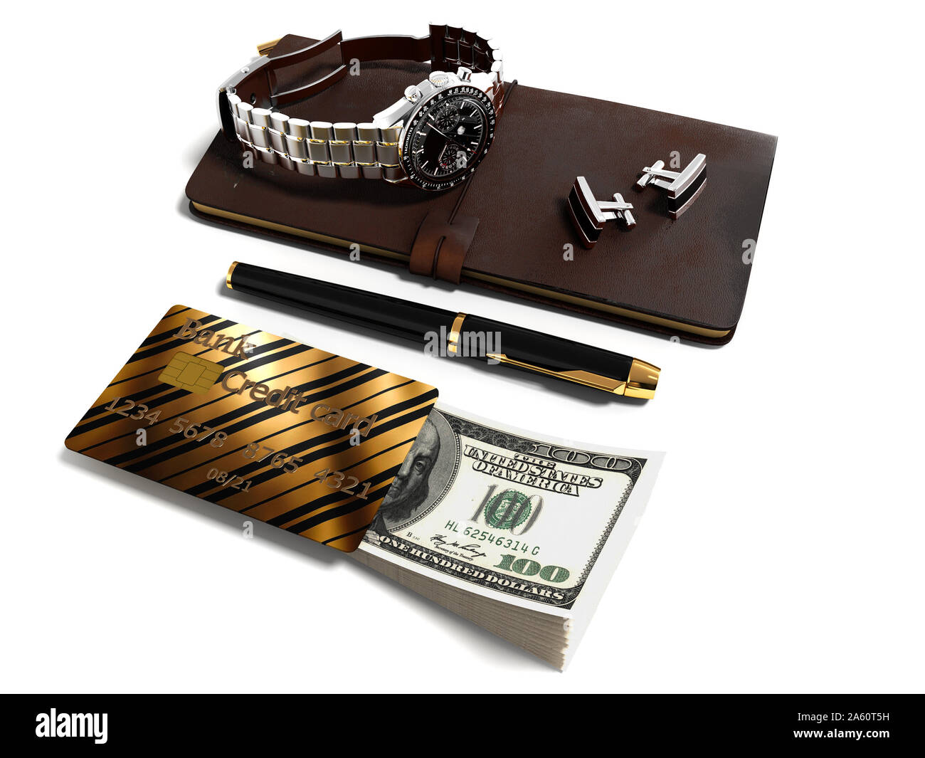 Geschäft für Geschäftsmann notepad Pen Set Manschettenknöpfe Armbanduhr Kreditkarte Geld 3D-Render auf weißem Hintergrund mit Schatten Stockfoto