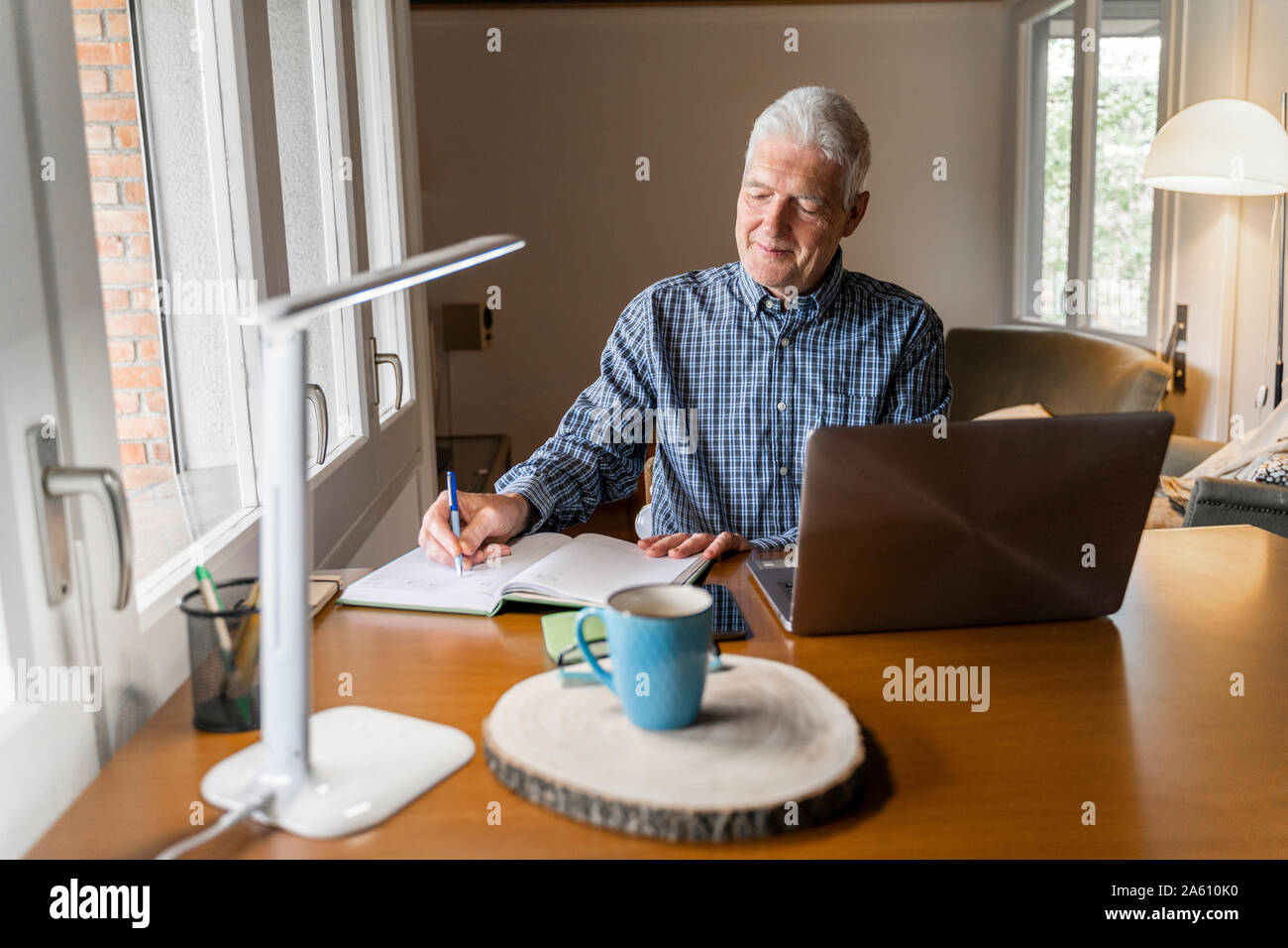 Ältere Menschen zu Hause vor laptop Notizen in Notebook sitzen Stockfoto