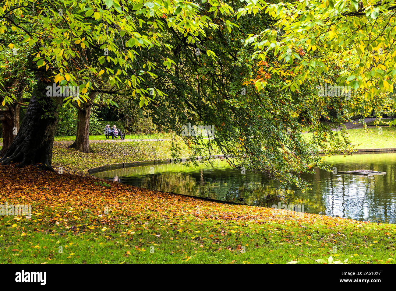 Greenbank Park, Liverpool, UK. Menschen sitzen am See im Herbst. Stockfoto