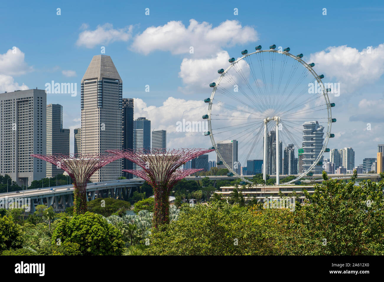 Supertrees der Gärten durch die Bucht und Riesenrad, Singapur, Südostasien, Asien Stockfoto