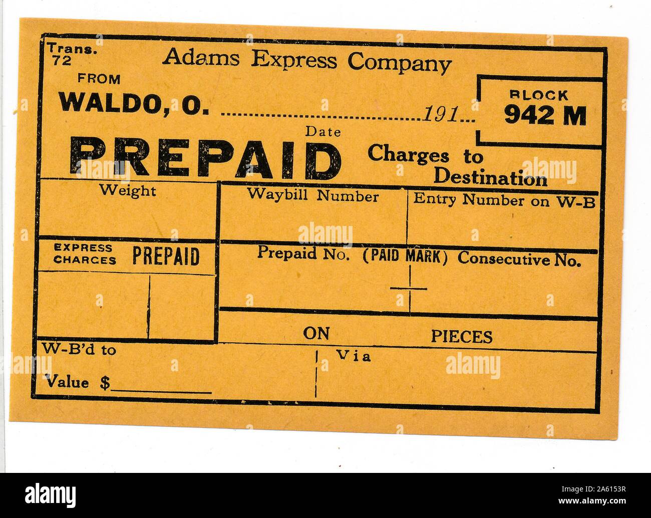 Oldtimer, ungenutzte, im Voraus bezahlte Fracht- und Frachttransportkarte von "Waldo O", ausgestellt von der Adams Express Company, Vereinigte Staaten von Amerika, 1925. () Stockfoto