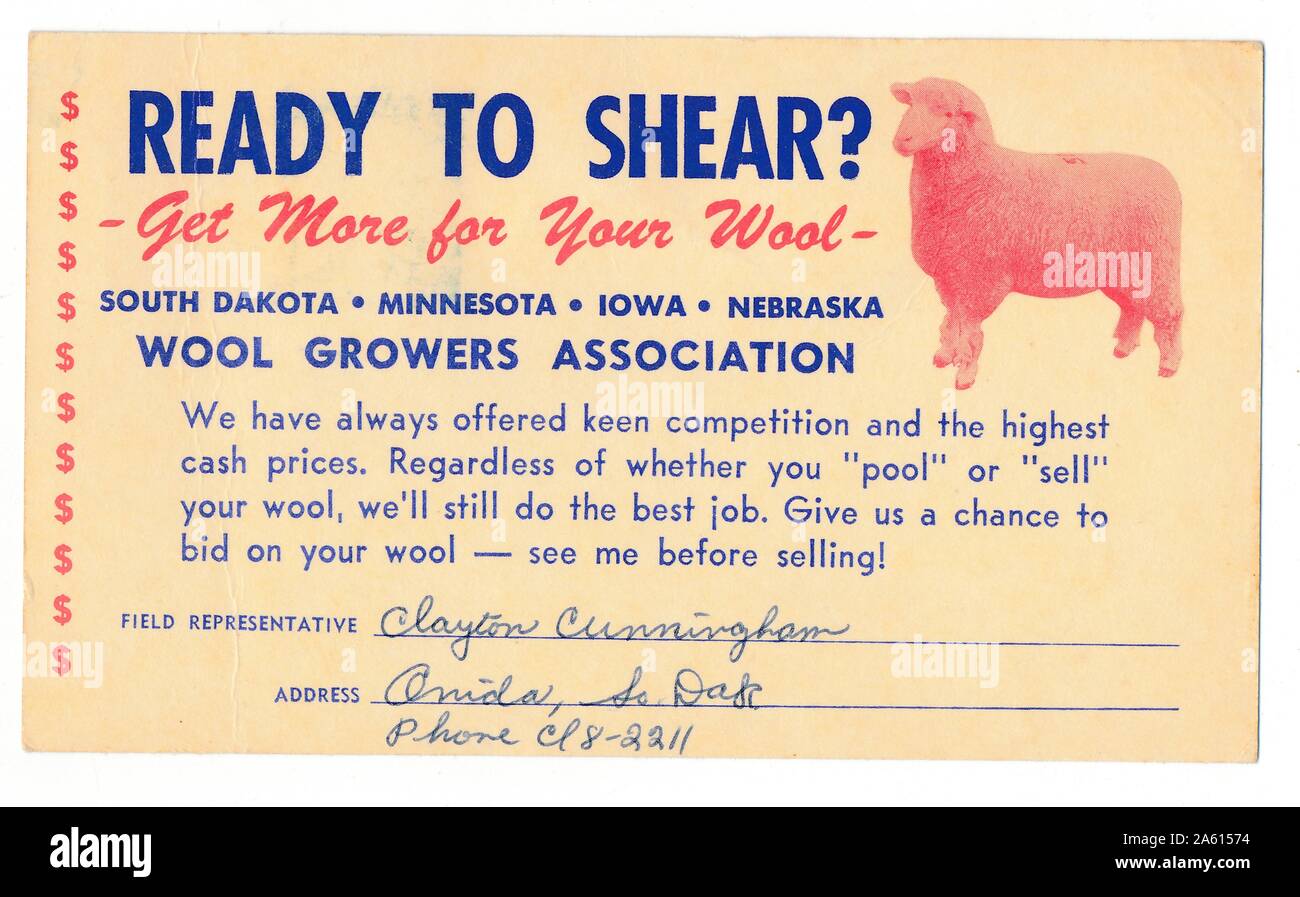 Werbung für Schafzüchter der Wool Growers Association mit Text Ready to Shear und Unterstützung für Landwirte, um den besten Preis für ihre Wolle zu erhalten, 1960. () Stockfoto