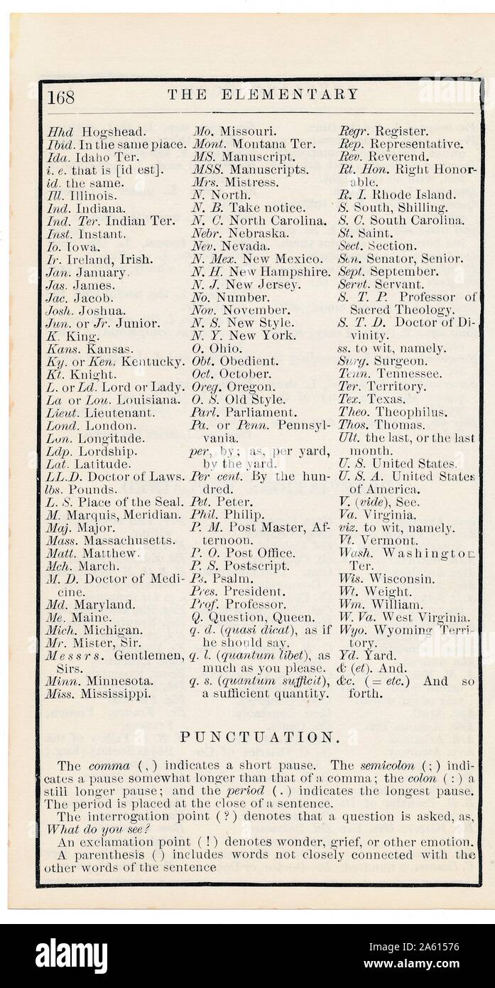 Seite 168, mit Abkürzungen und Zeichensetzung, von Noah Websters "The Elementary Spelling Book", auch bekannt als "Blue-Back Speller", wahrscheinlich veröffentlicht von D Appleton and Company, New York, 1881. () Stockfoto