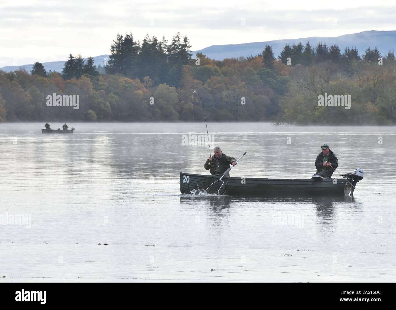 Ein Angler auf einem Boot landet einen Fisch in einer kalten, nebligen Herbstmorgen auf dem See von menteith Fischerei in Schottland, Großbritannien, Europa Stockfoto