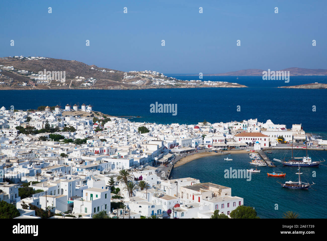 Mykonos Stadt und Hafen, Insel Mykonos, Kykladen Gruppe, griechische Inseln, Griechenland, Europa Stockfoto