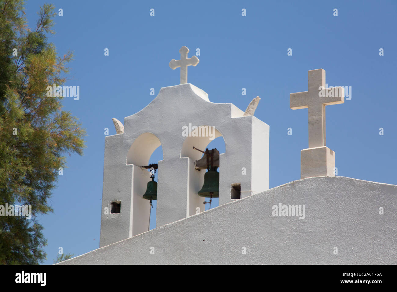 Glockenturm, neben Kirche, Orthodoxe Kathedrale, 1870, Hora, Insel Naxos, Kykladen Gruppe, griechische Inseln, Griechenland, Europa Stockfoto