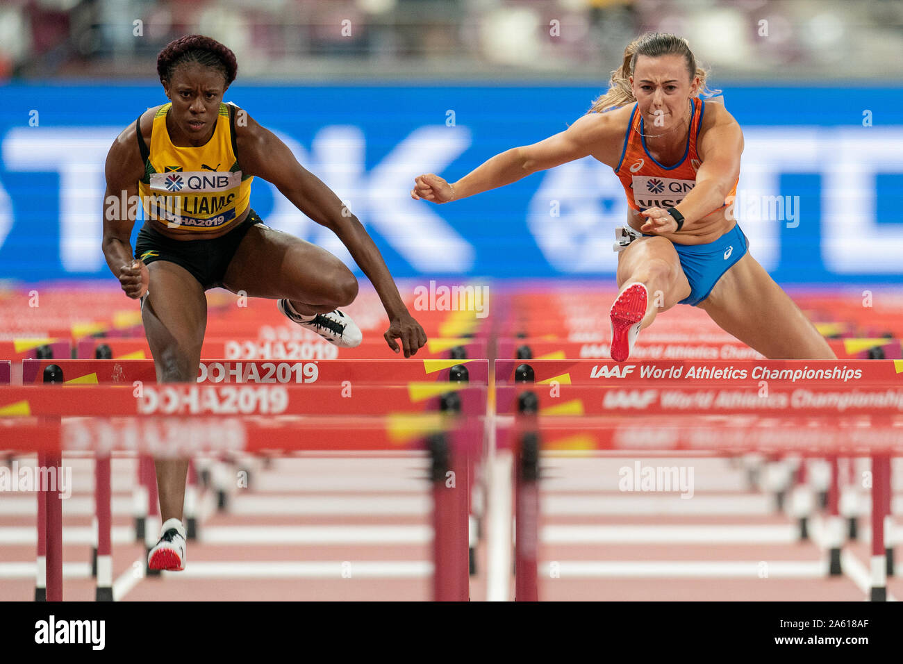 6. oktober 2019 Doha, Katar Leichtathletik-Weltmeisterschaft 2019 IAAF Leichtathletik-Weltmeisterschaften 2019 Danielle Williams aus Jamaika, Nadine Visser aus den Niederlanden Stockfoto