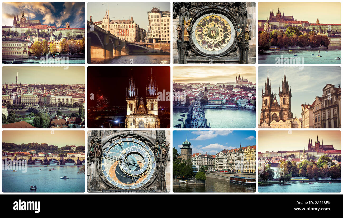 Collage aus verschiedenen malerischen Prager Sehenswürdigkeiten und Landschaften mit Architektur Stockfoto
