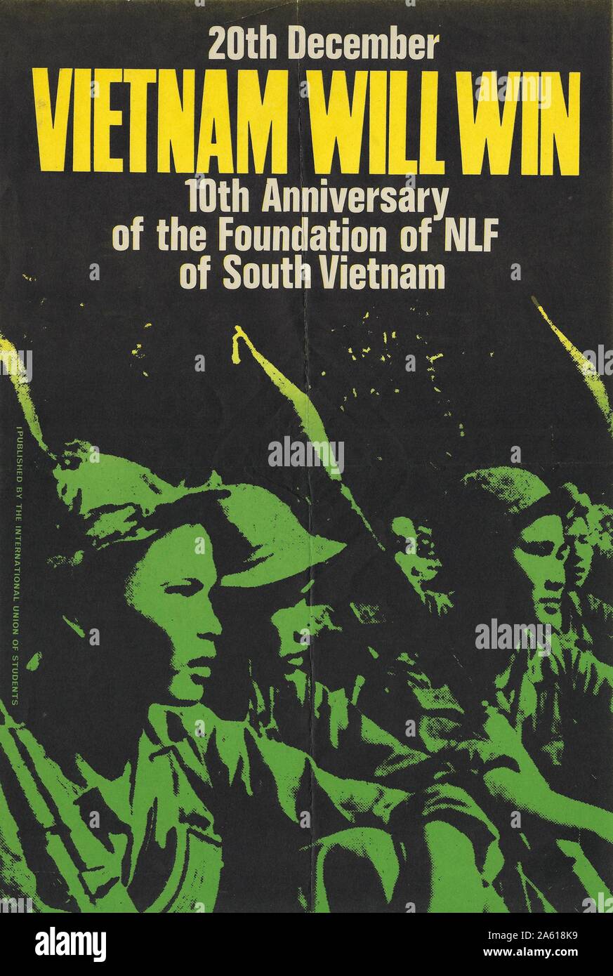 Das Plakat der Vietnamkriegszeit für die Nationale Befreiungsfront (NLF) oder den Vietcong zeigt Soldaten, die Granatwerfer halten, mit der Titellesung Vietnam Wird 1970 gewinnen. () Stockfoto