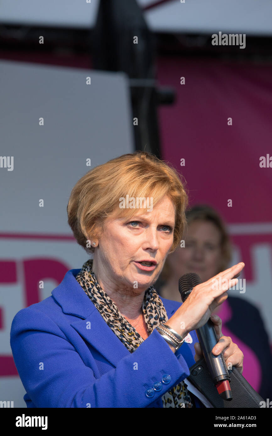 Westminster, London, Großbritannien. 19. Oktober 2019. Anna Soubry MP, unabhängige Gruppe Adressen der Rallye auf den Parliament Square. Haben MPs nur zugunsten von Oliver Letwin MP Änderung der Regierung Brexit Abkommen gestimmt. Hunderttausende Anhänger der 'Abstimmung' konvergieren auf Westminster für eine "endgültige sagen 'neuen Premierminister Boris Johnson's Brexit beschäftigen. Stockfoto