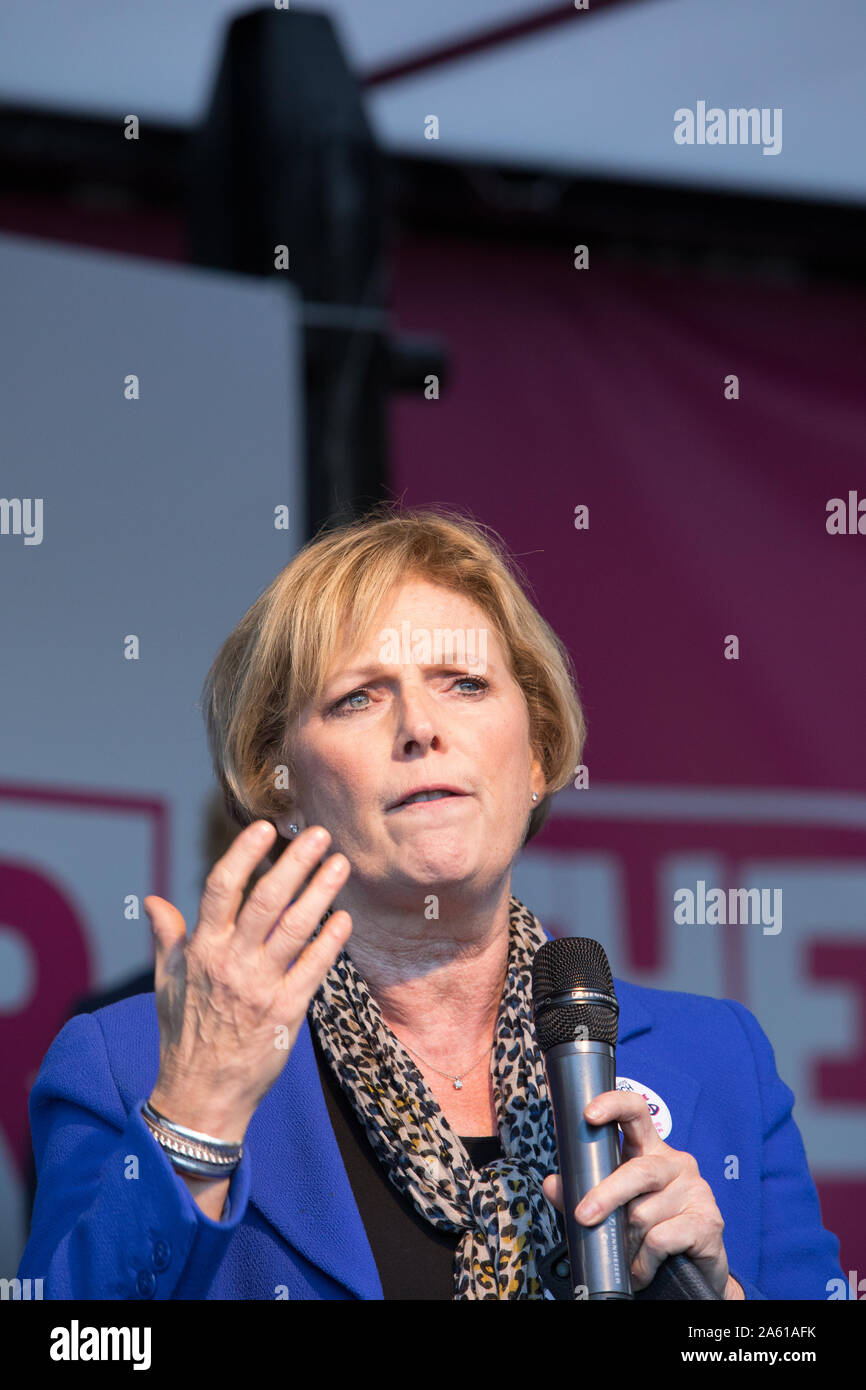 Westminster, London, Großbritannien. 19. Oktober 2019. Anna Soubry MP, unabhängige Gruppe Adressen der Rallye auf den Parliament Square. Haben MPs nur zugunsten von Oliver Letwin MP Änderung der Regierung Brexit Abkommen gestimmt. Hunderttausende Anhänger der 'Abstimmung' konvergieren auf Westminster für eine "endgültige sagen 'neuen Premierminister Boris Johnson's Brexit beschäftigen. Stockfoto