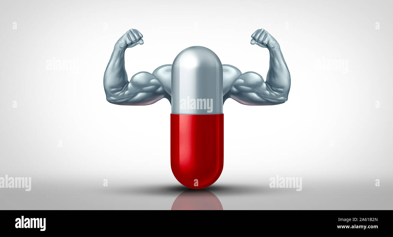 Super Medizin und Energie Pille pharmazeutische Medikamente als Pharmakologie medizinische Therapie oder Onkologie Symbol und als Symbol für die steroid Muskel. Stockfoto