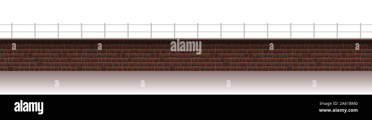 Lange Mauer mit Stacheldraht. Nahtlose erweiterbar Abbildung auf weißen Hintergrund. Stockfoto