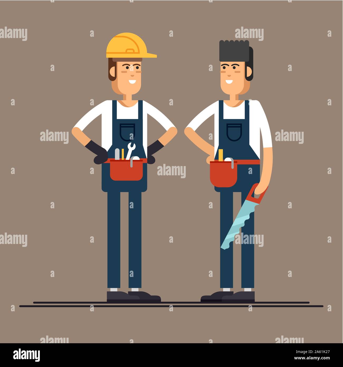 Paar Bauarbeiter Vektor flachbild Zeichen. Junger Mann freundlich lächelnden Arbeitnehmer in Berufskleidung Overalls isoliert stehen und halten Gebäude Stock Vektor