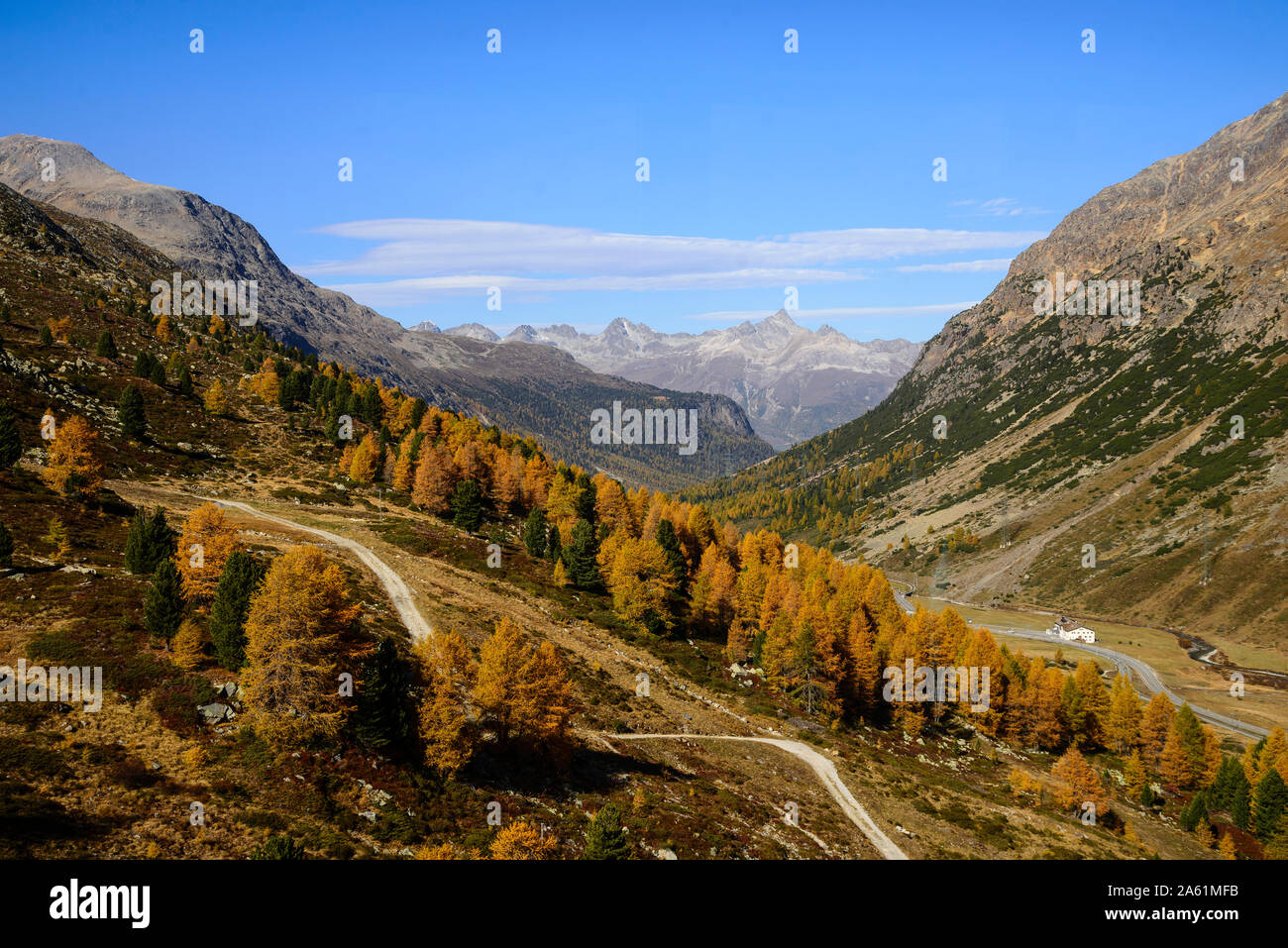 Blick von der Diavolezza Seilbahn auf das Bernina Tal, Tessin, Schweiz, Europa Stockfoto