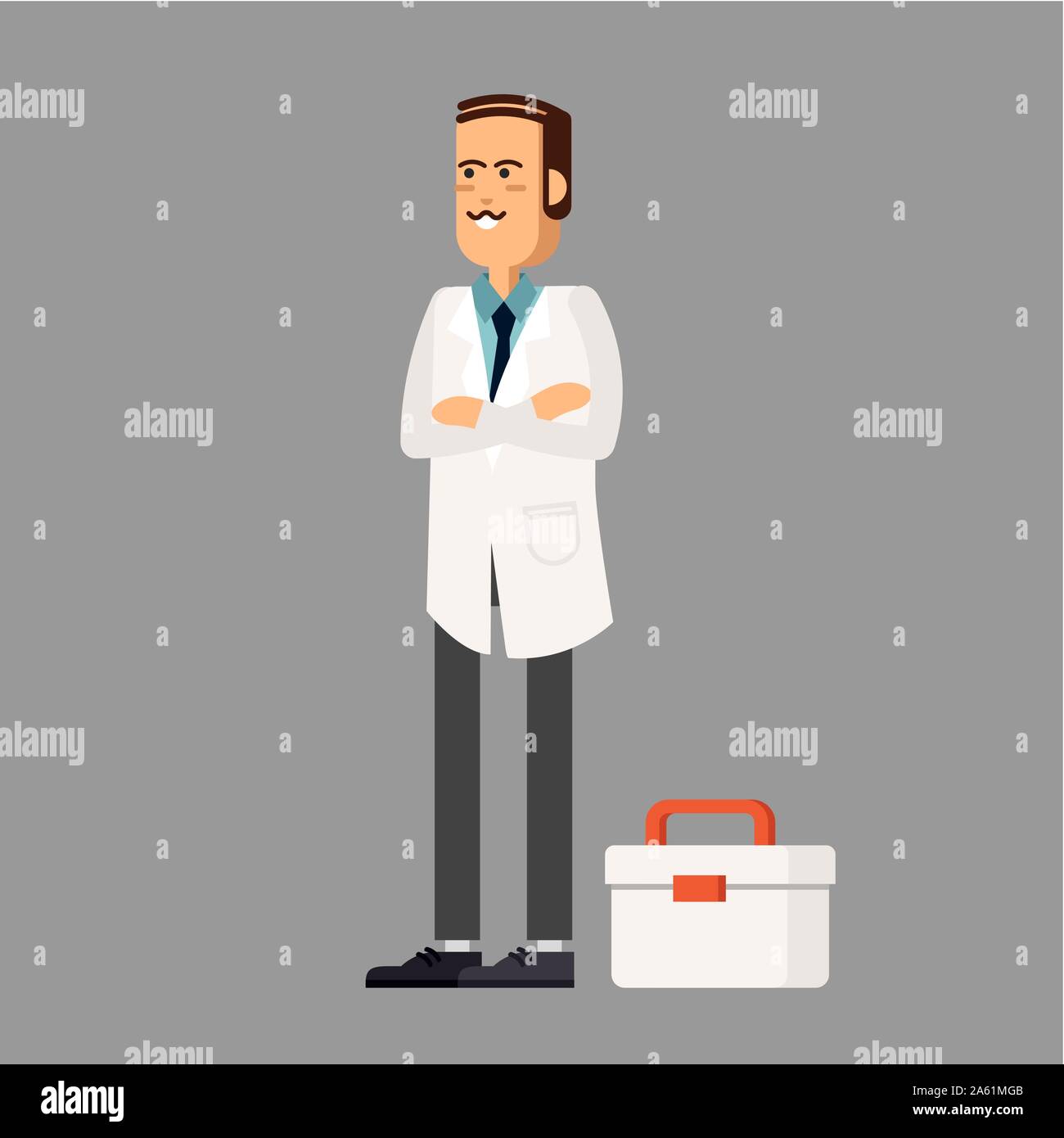 Stattliche männliche Arzt mit Hausapotheke. Bunte flachbild Vector Illustration. Stock Vektor