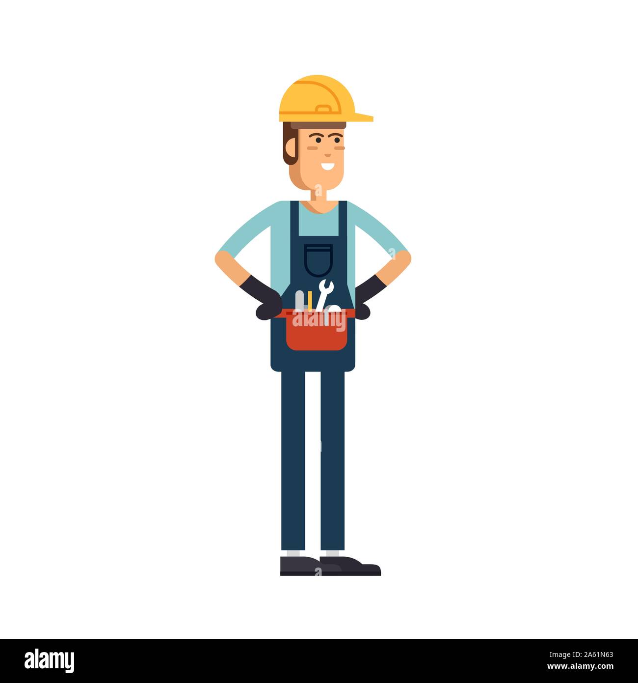 Bauarbeiter Vektor flachbild Charakter. Junger Mann freundlich lächelnden Arbeiter in Berufskleidung Overalls stehen isoliert und Holding Gebäude Werkzeuge. Buildi Stock Vektor