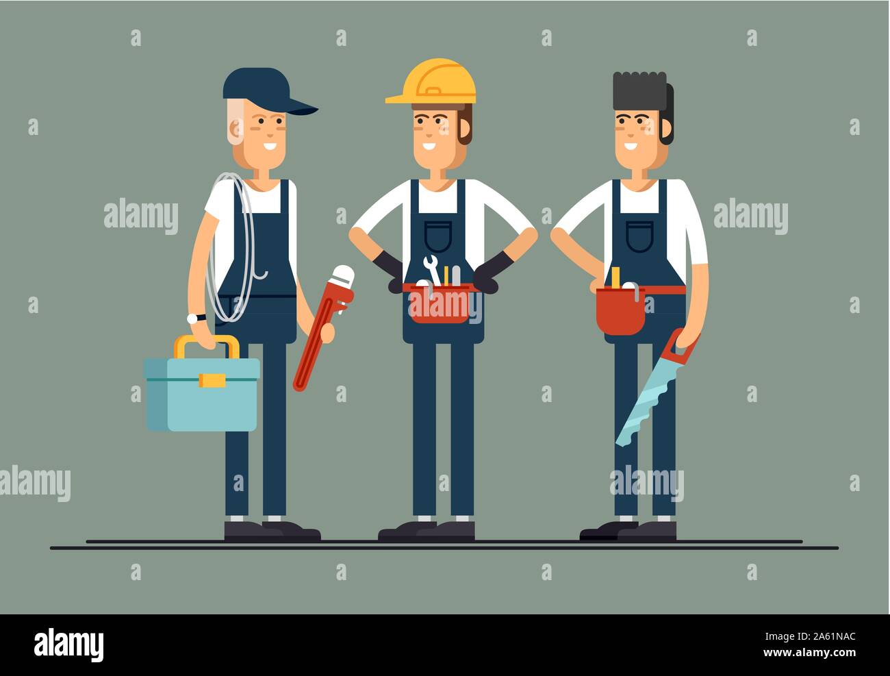 Bauarbeiter Vektor flachbild Zeichen. Junger Mann freundlich lächelnden Arbeitnehmer in Berufskleidung Overalls isoliert stehen und halten Gebäude Werkzeuge. Bui Stock Vektor