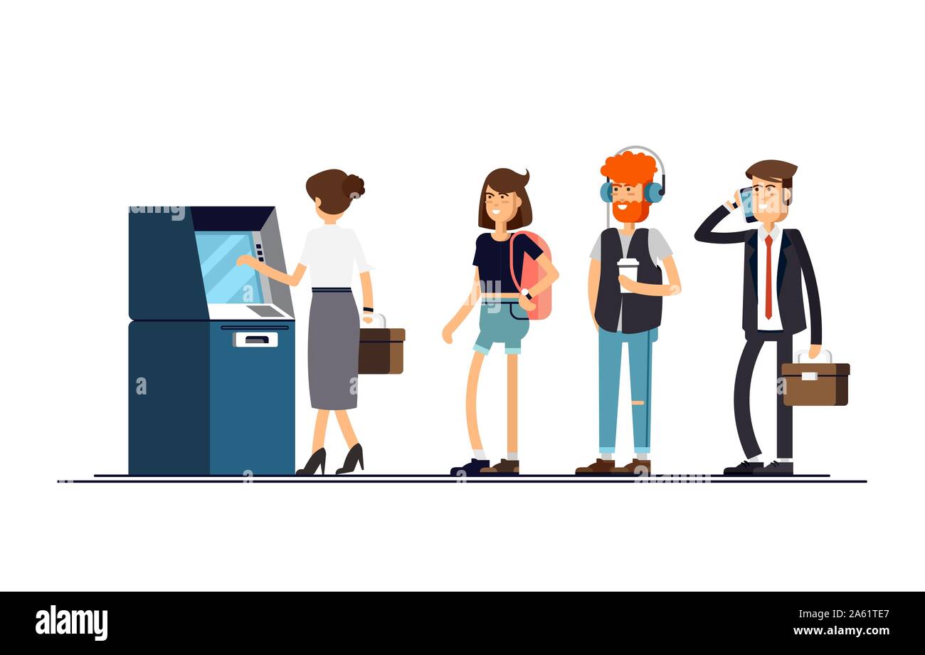 Warteschlange bei der ATM. Die Leute stehen Schlange für ein isoliertes Hintergrund. Vector Illustration in einem flachen Stil Stock Vektor