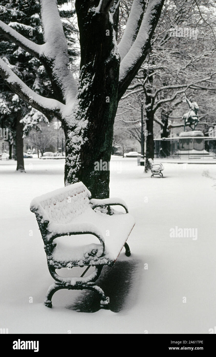 Parkbank im Schnee - New England Stockfoto