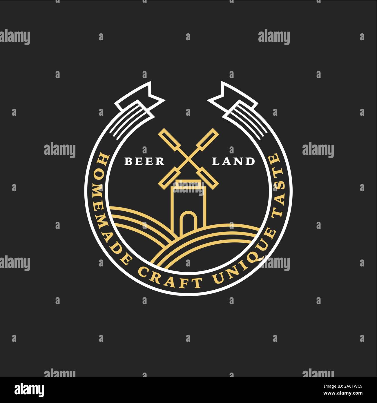 Satz linearer goldene Brauerei Logos. Etiketten mit Mühle und Farbband. Vintage Handwerk Bier Retro Design Elemente, Emblemen, Symbolen und Icons oder pub Etiketten, Stock Vektor