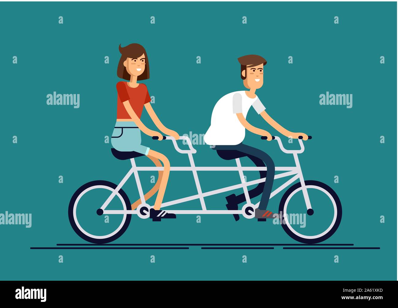 Cool Vektor flache Bauform glückliche junge Mann und Frau Zeichen paar Reiten tandem Fahrrad isoliert. Gestylte paar Reiten/bike Lachen ha Stock Vektor