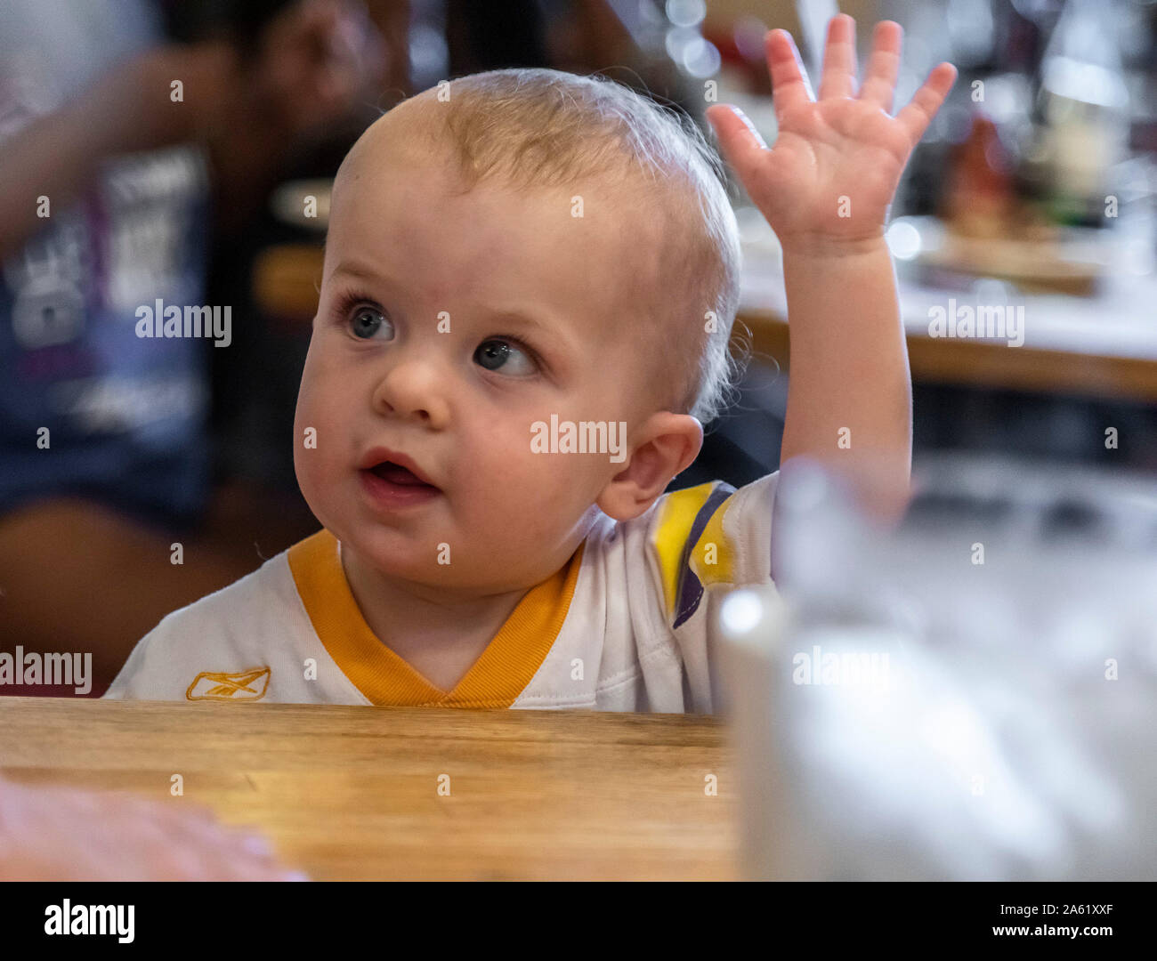 Detroit, Michigan - Einjahres Hendrix Hjermstad Wellen seine Hand für Aufmerksamkeit, während er mit seiner Familie am Hudson Café. Stockfoto