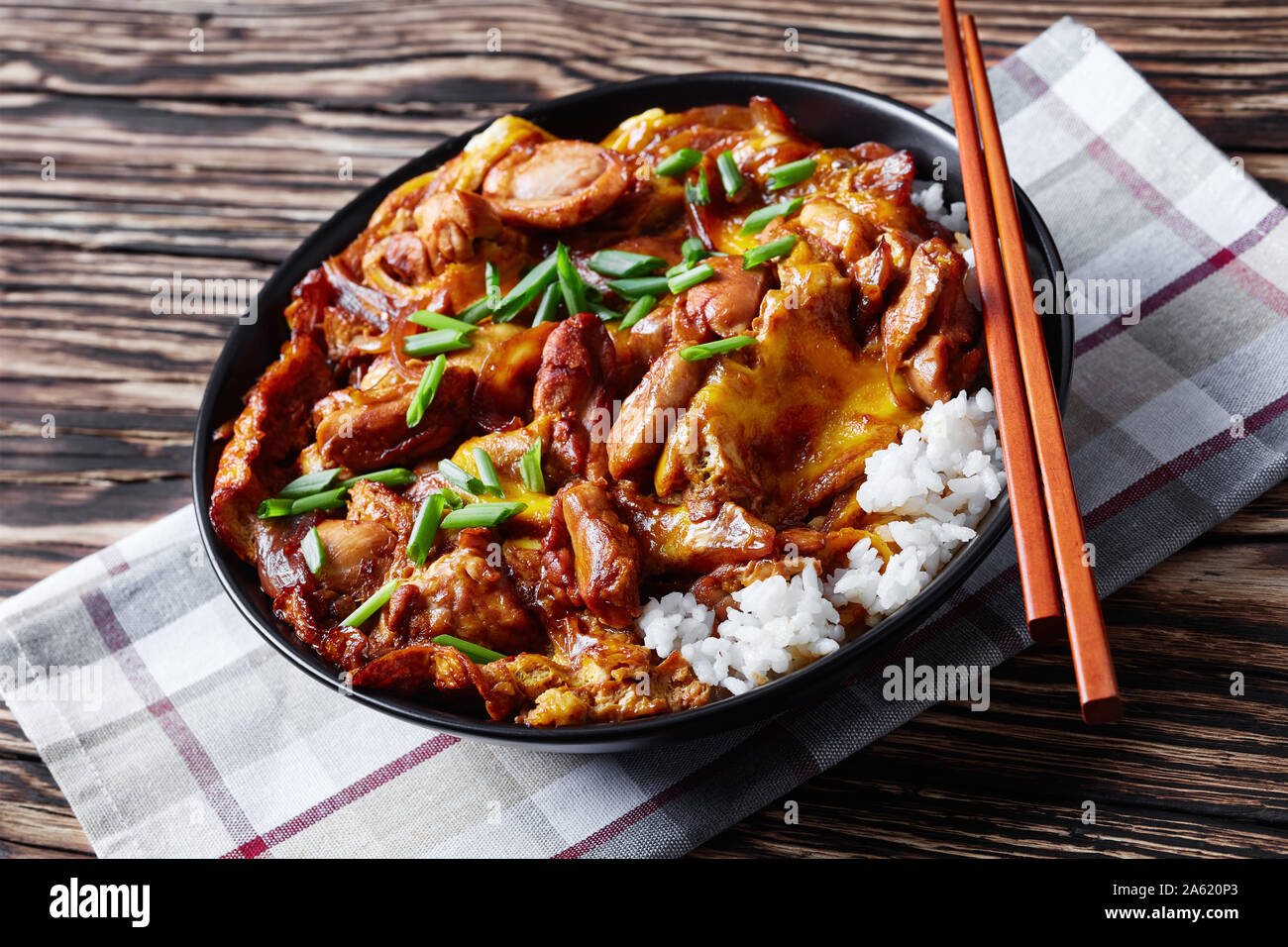 Oyakodon, Omelette mit gebratenem Hühnerfleisch Geschmortes in Sauce mit Zwiebeln, Japanische Huhn und Ei Schüssel Reis auf einem urigen Tabelle, Ansicht von oben, close-up Stockfoto