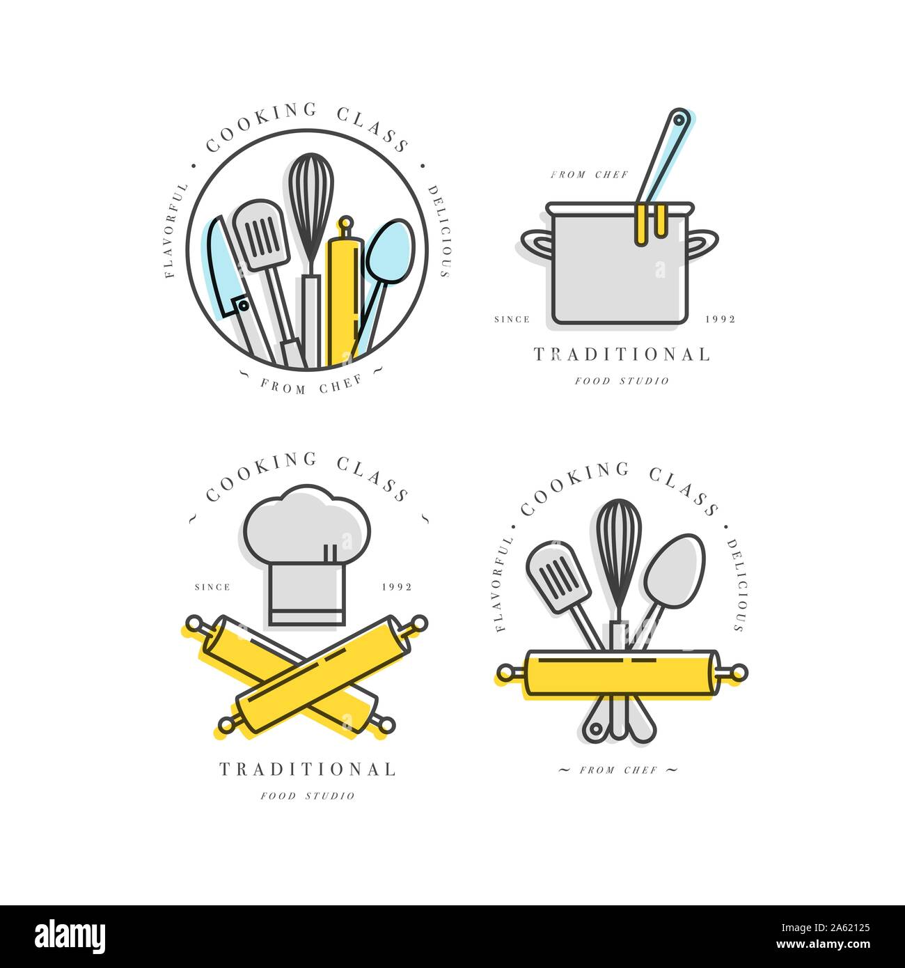 Kochkurs lineare Design Elemente, der Küche Embleme, Symbole, Symbole oder Essen studio Etiketten und Abzeichen Sammlung eingestellt. Kochkurse Zeichen templa Stock Vektor