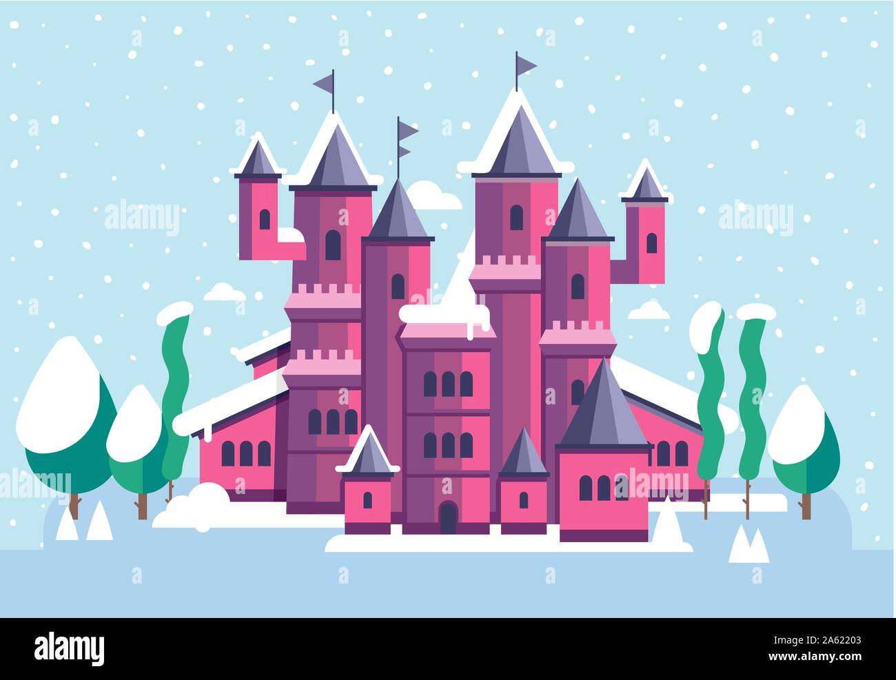Vector Illustration für Kinder mit Fee rosa Schloss und Winterlandschaft. Ice Palace im Winter. Verschneite Schloss Stock Vektor