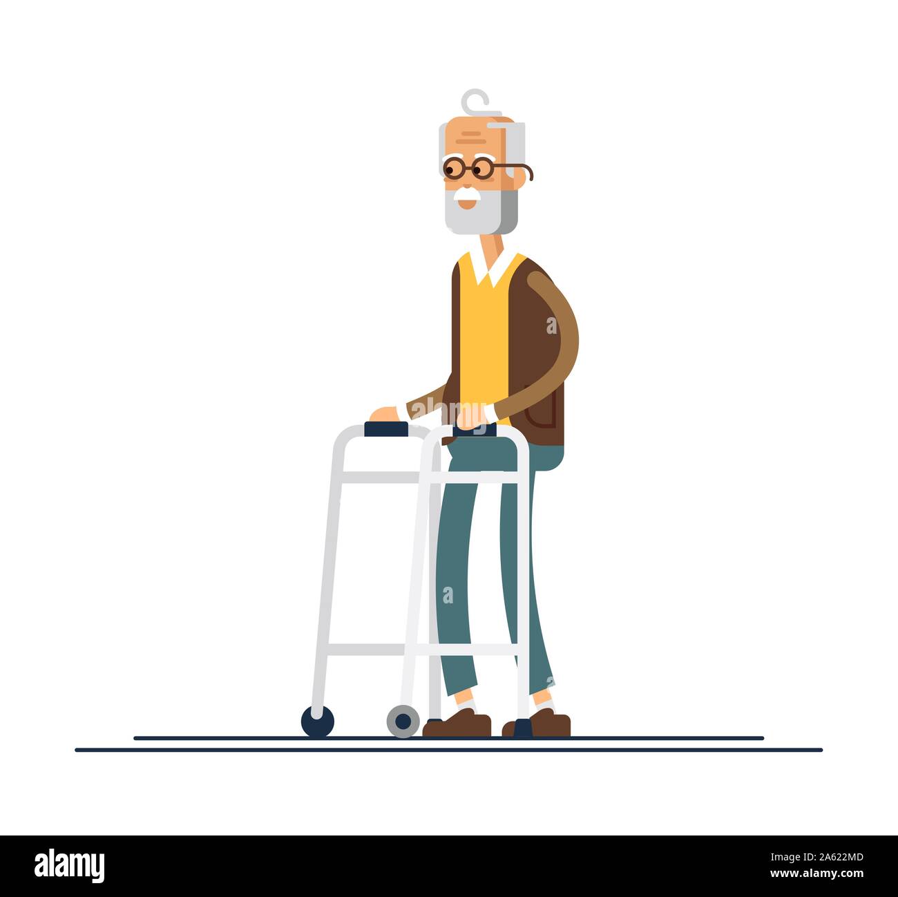Opa wandern mit einem Walker. Vector Illustration in einem flachen Stil. Alter Mann im Ruhestand Stock Vektor