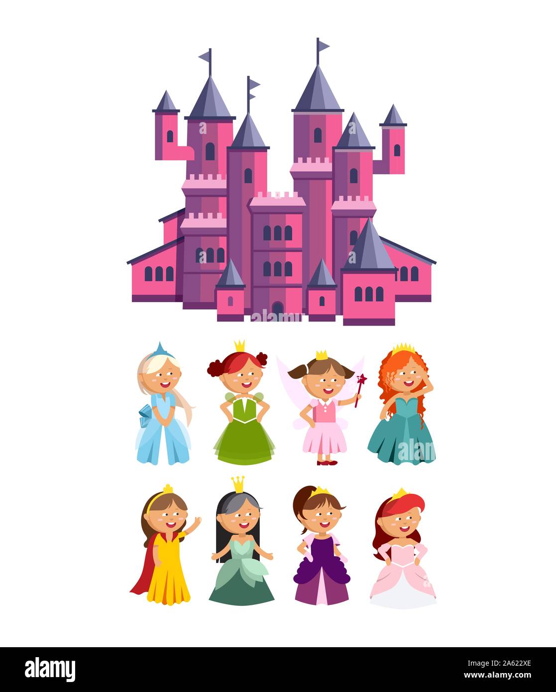 Prinzessinnen Vektor nette Sammlung von schönen Zeichen. Bezaubernde Eleganz Stil kleine Fee Mädchen. Vector Illustration eines niedlichen rosa Schloss. Stock Vektor