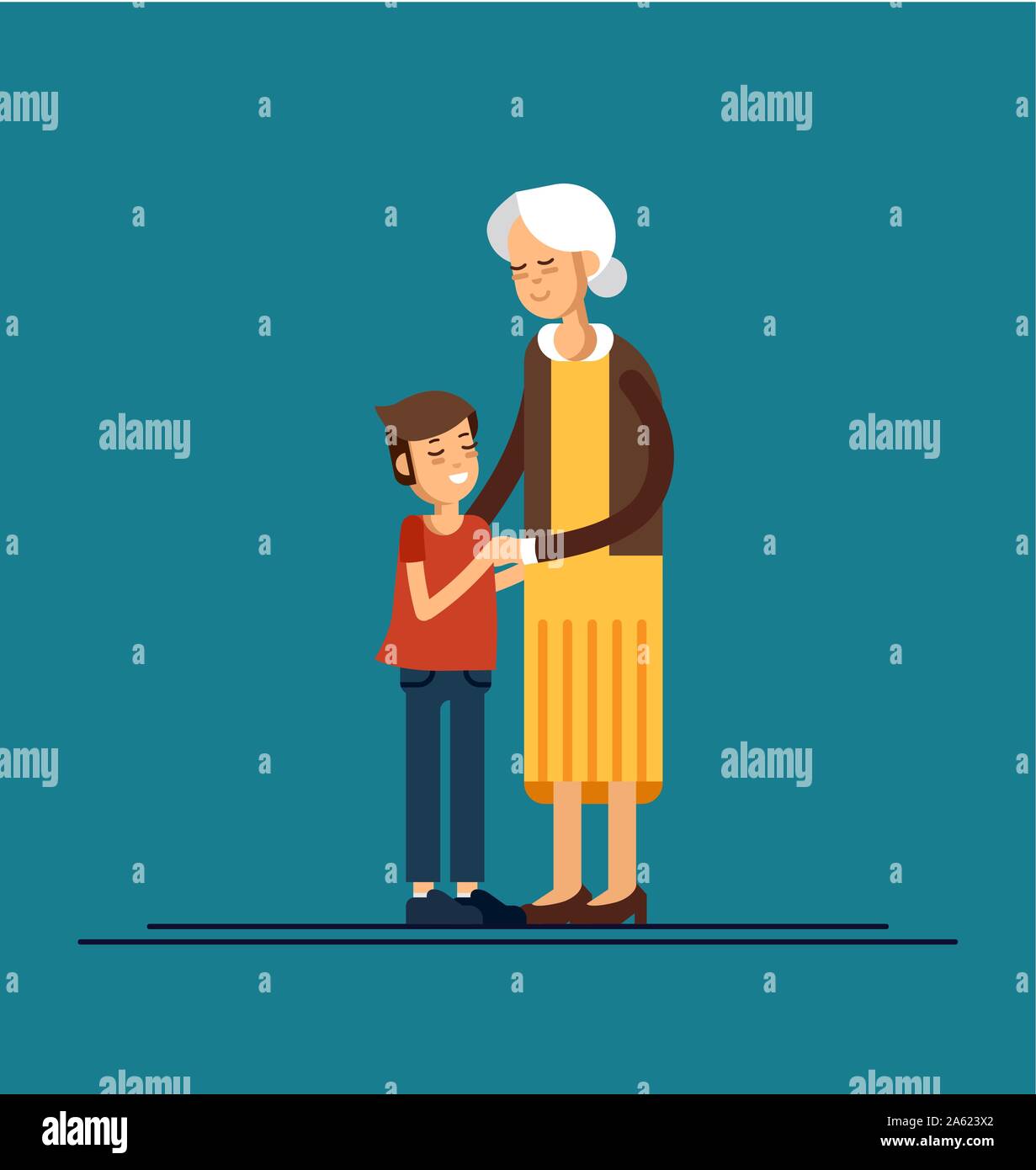 Enkel seine Großmutter umarmt. Vector Illustration eines flachen Design Stock Vektor