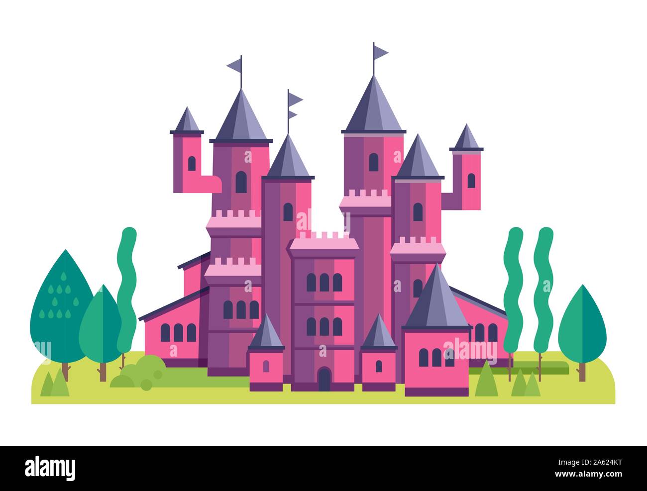 Vector Illustration eines niedlichen rosa Schloss. Abbildung Märchen für Kinder. Schloss mit Landschaft in weißem Hintergrund Stock Vektor