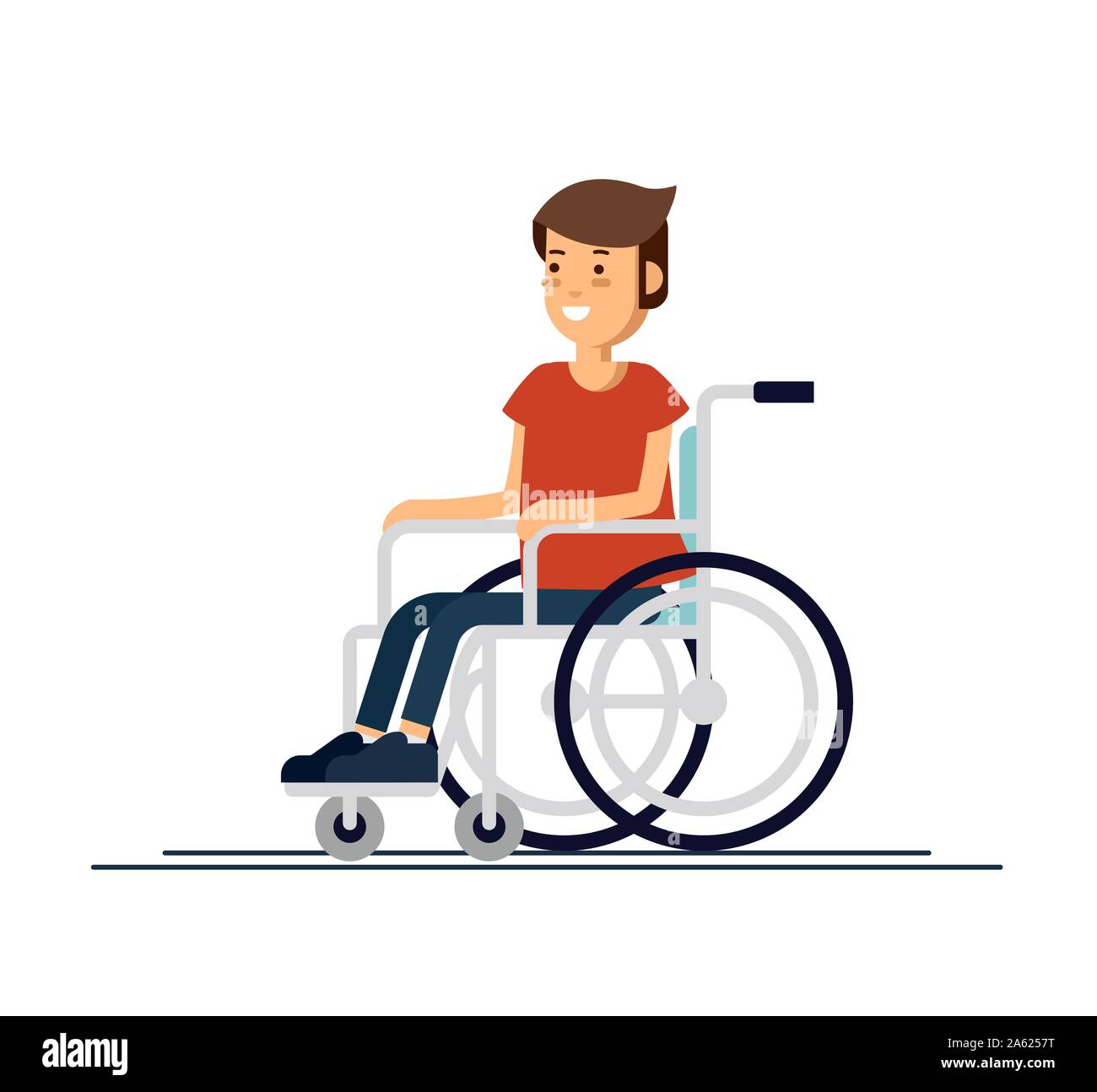 Cute behinderte Junge sitzt im Rollstuhl. Behinderte Person. Bunte Flat Style cartoon Vector Illustration. Stock Vektor