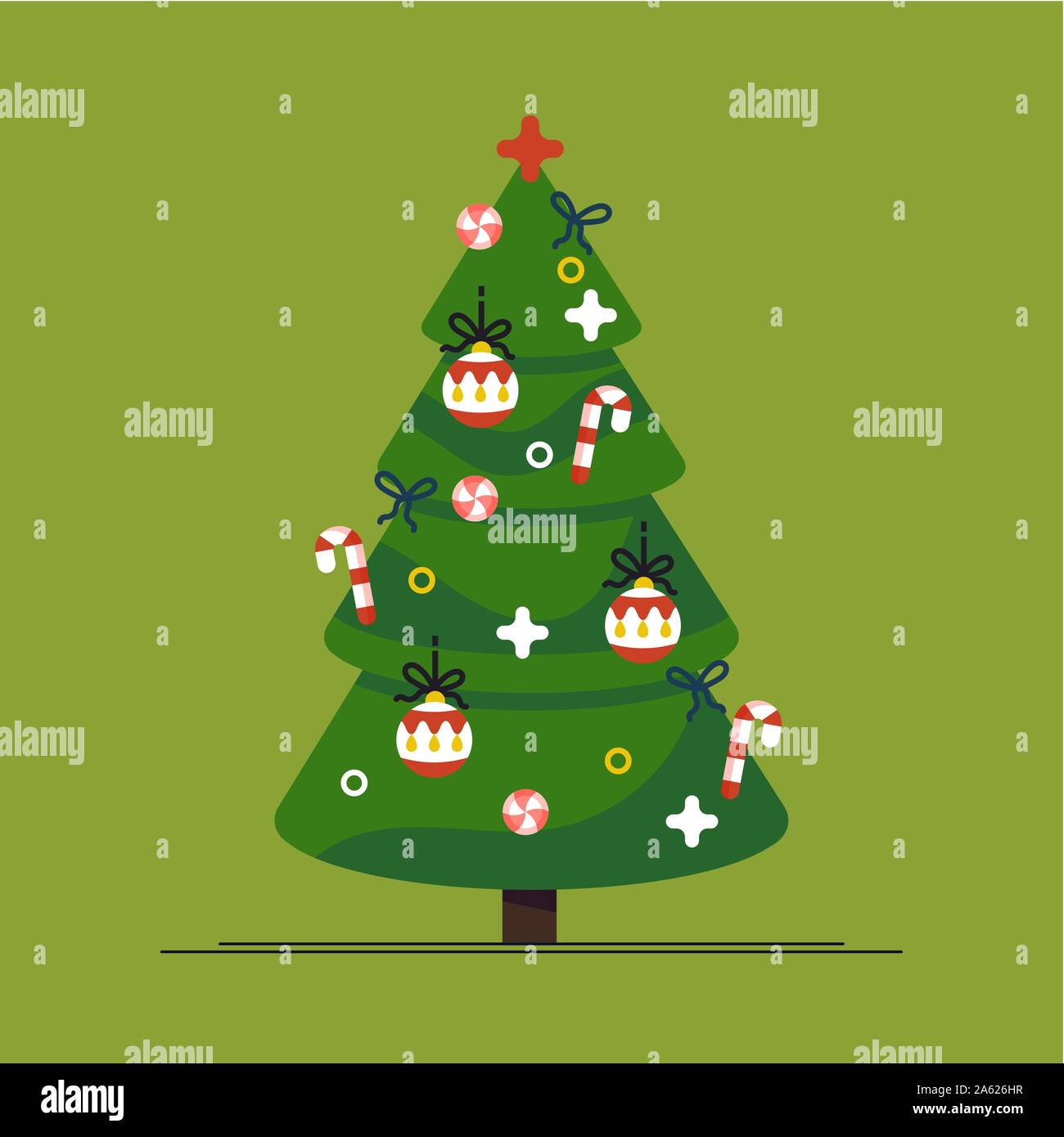 Weihnachtsbaum und Urlaub. Tannenbaum mit Stern, Kugeln und Girlanden dekoriert. Vector Illustration in einem flachen Stil Stock Vektor