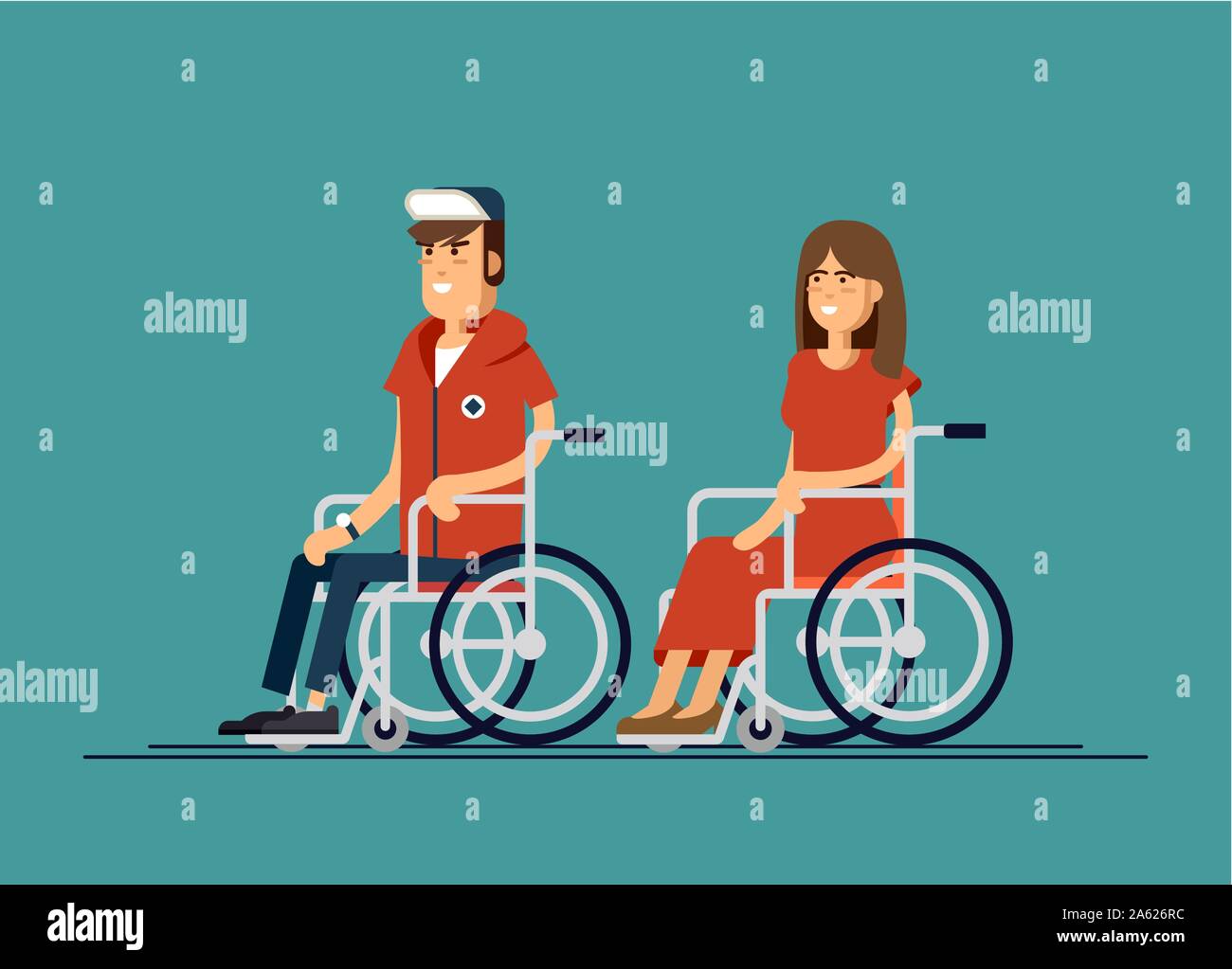 Cute behinderten Mann und Frau sitzt im Rollstuhl. Behinderte Person. Bunte Flat Style cartoon Vector Illustration. Behinderte Menschen Stock Vektor