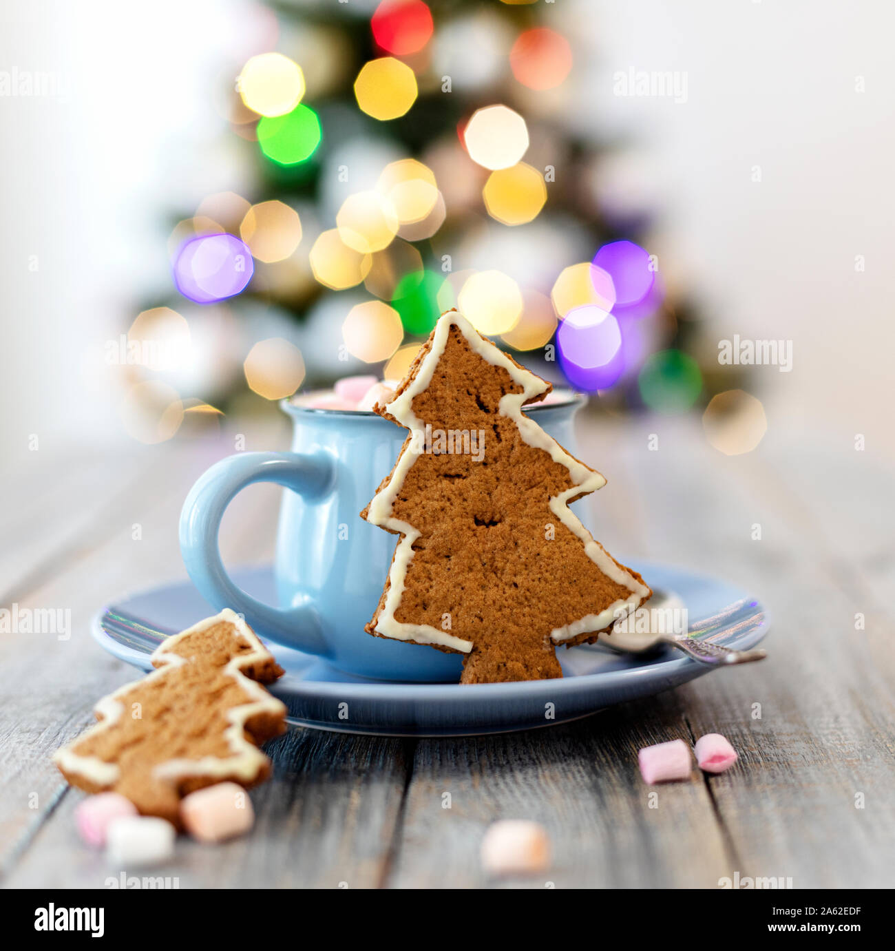 Frohe Weihnachten! Christmas Tree-förmige Lebkuchen Plätzchen in der Nähe von Tassen Kakao und Marshmallows. Schönen unscharfen Weihnachtsbaum Hintergrund mit lumino Stockfoto